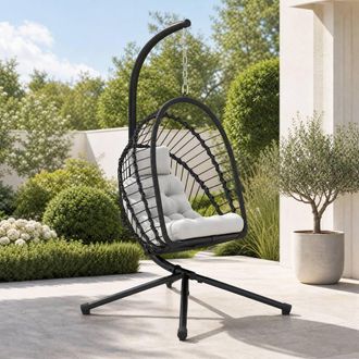 STILVORA Rattan Swing Chair with Cushion & Folding Basket in Black