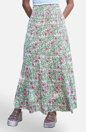 Yumi Boho Print Cotton Floral Maxi Skirt in White at Nordstrom, Size Medium