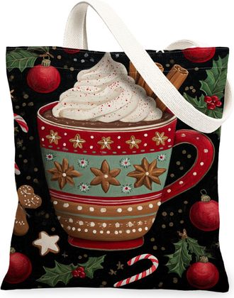 Generic Christmas Cup Canvas Tote Bags, Holiday Hot Chocolate Pattern Reusable Grocery Bags, Winter Retro Lightweight Washable Shoulder Strap Canvas for Trave