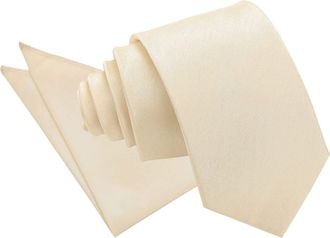 DQT Plain Shantung Wedding Modern Style Neck Tie & Pocket Square Set for Men - Beige