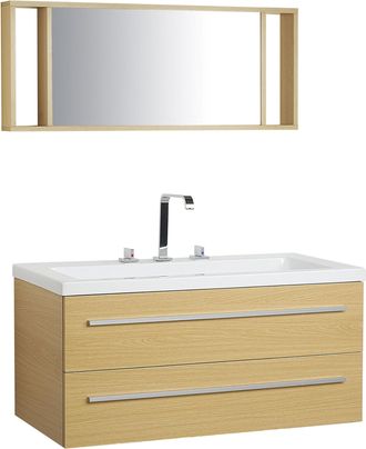 Beliani Mueble De Ba&ntilde;o Moderno Beige Y Plateado Con Espejo 2 Cajones Lavabo Almeria