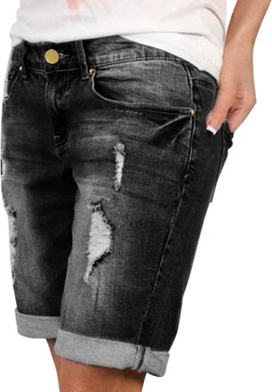 Generic Jeans Shorts Womens Knee-Length Ripped Denim Shorts Medium Waist Cropped Jeans with Pockets Summer Women Shorts Denim Stretch Denim Shorts Bermuda Bea