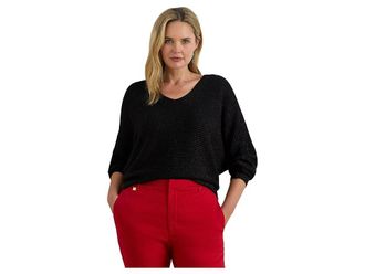 Lauren Ralph Lauren Plus Size Metallic Rib-Knit Dolman-Sleeve Sweater Womens Sweater Black Metallic : 2X, Cotton/Polyester