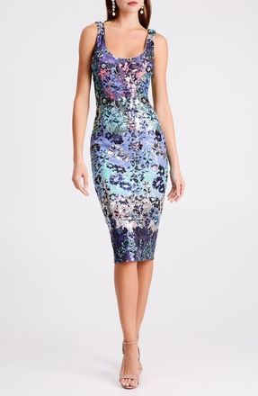 Helsi Myra Sequin Pencil Cocktail Dress in Blue/Silver Floral at Nordstrom, Size X-Small