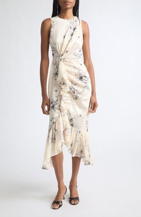 Cinq &agrave; Sept Cyrus Floral Ruffle Midi Dress in Gardenia/black at Nordstrom, Size 10
