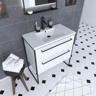 Aurlane Aurlane - Muebles De Ba&ntilde;o Blanco 80x50cm - 2 Cajones - Lavabo De Resina Blanca - Pies Y Asas