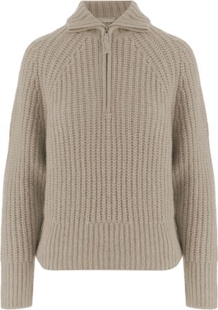 Allude Beige Zip Turtleneck Cashmere-Silk Sweater