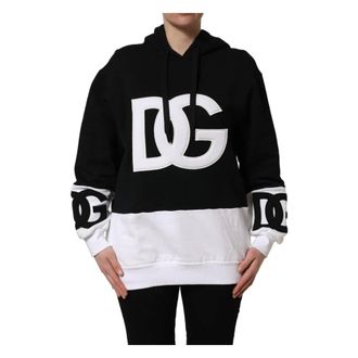 Dolce & Gabbana Hoodies, female, Black, Size: S Dolce & Gabbana BlackWhite Appliqu&eacute; Hooded Sweatshirt Sweater
