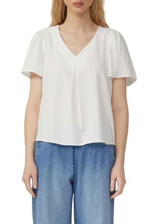 QS by s.Oliver Kurzarmbluse QS, Damen, Gr. 34, beige (ecru), Web, Obermaterial: 100% Viskose, unifarben, regular fit h&uuml;ftbedeckend, V-Ausschnitt, Puff&auml;rmel, Blusen K