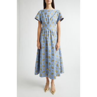 Lela Rose Metallic Floral Cotton Blend Jacquard Midi Dress in Bluebell at Nordstrom, Size 10