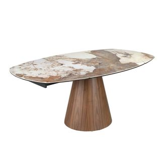 Angel Cerd&aacute; Mesa comedor extensible ovalada barril m&aacute;rmol porcel&aacute;nico y nogal