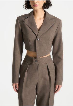 Mani&egrave;re De Voir Dina Asymmetric Tailored Cropped Blazer in Dark Taupe at Nordstrom, Size 10
