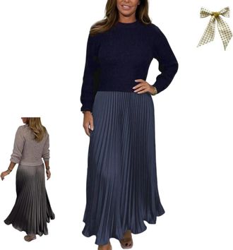 Generic Womens Solid Color Jumper Pleated Bottom Dress,Fashion Crewneck Long Sleeve Pleated Dresses,Casual Patchwork Sweatshirt Dress Blue