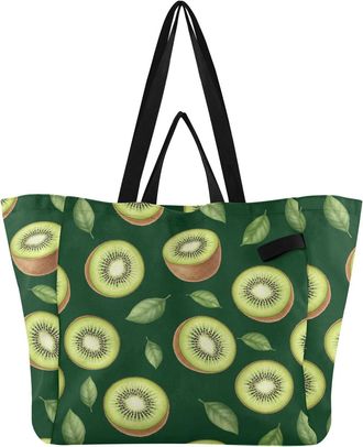 Generic Fruit Kiwi Leaf Black pattern Reusable Canvas Tote Bag, Heavy Duty Grocery Shopping Bag with Double Handles Hard Bottom Large Capacity Work Groceries 