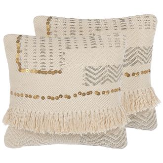 Beliani Beliani - Conjunto De Cojines Decorativos Beige 45 X 45 Cm Con Borlas Accesorio Vintage Boho Vayali