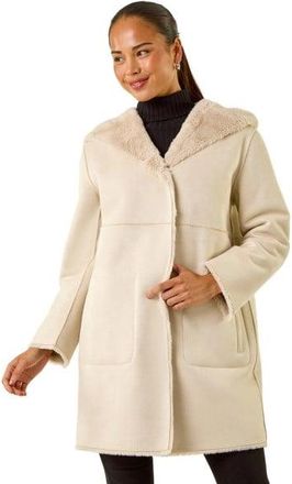 Roman Womens Petite Faux Sheepskin Hooded Coat - Stone - Size 12 UK