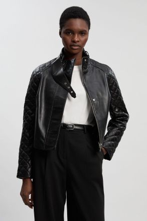 Karen Millen Womens Cropped Quilted Leather Biker Jacket - Black - Size 12 UK
