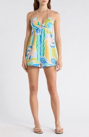 Billabong So Groovy Cotton & Linen Halter Romper in Blue Multi at Nordstrom, Size X-Small