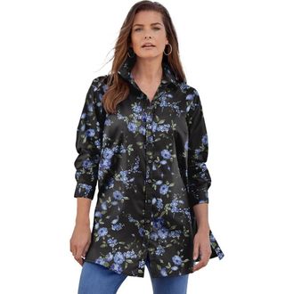 Roaman's Kate Long-Sleeve Crisp Cotton-Blend Button-Front Tunic in Blue Rose Floral at Nordstrom, Size 38