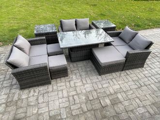 Fimous Wicker PE Rattan Garden Furniture Set Height Adjustable Rising Lifting Table Sofa Dining Set with Double Seat Sofa in Dark Grey
