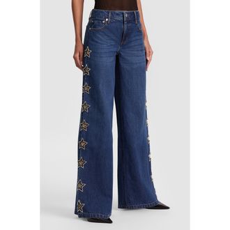 Alice & Olivia Amazing Embellished Star Cutout Wide Leg Jeans in Dark Rinse at Nordstrom, Size 24