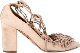 Aquazzura Pre-owned Womens Aquazzura Tassel Fringed Block Heel Pumps in Nude Suede - Size EU 38