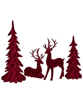 Glitzhome Handmade Set Of 4 Christmas Flocked Reindeer With Tree Table Decor Set