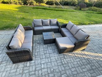Fimous Patio Garden Furniture Sets Wicker 10 Seater Outdoor Rattan Furniture Sofa Sets with Square Coffee Table Big Footstool in Dark Grey
