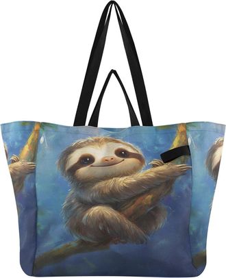 Generic Sloth Branch Blue pattern Reusable Canvas Tote Bag, Heavy Duty Grocery Shopping Bag with Large Capacity Double Handles Hard Bottom Work Groceries Trav