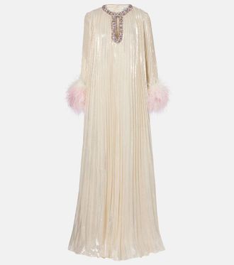 Self Portrait Embellished feather-trimmed silk-blend maxi dress