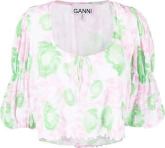 Ganni Geplooide Georgette Blouse met U-hals - Dames - Blouses - Veelkleurig - XS - Polyester - Overhemden