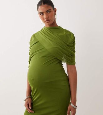 Vero Moda Vestito lungo in rete drappeggiato verde pesto