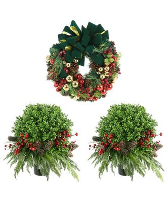 Creative Displays Inc. 26In Christmas Holiday Wreath & 2 Uv-Rated Boxwood Topiary Drop-Ins