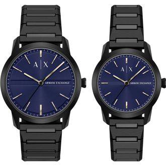 A|X Armani Exchange Blue Dial Black Stainless Steel Pair Watch Set AX7179SET