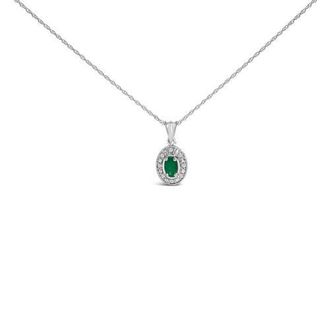 House of Brilliance 14K White Gold Oval Green Emerald and Diamond Halo Pendant Necklace at Nordstrom