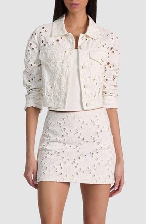 Alice & Olivia Chloe Eyelet Embroidered Denim Jacket in Off White at Nordstrom, Size X-Small