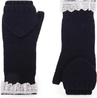Ganni Compact Wool Lace Wanten - Dames - Accessoires - Blauw - Maat: ONE Size Wol