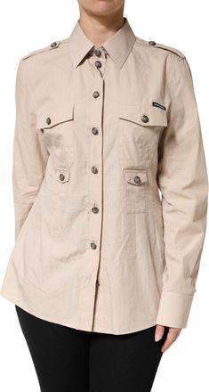 Dolce & Gabbana Womens Beige Collared Long Sleeve Cotton Shirt Top Brown