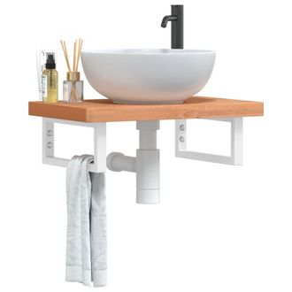 Berkfield Home Basin Shelf Wall Mounted Steel & Solid Wood Beech in Brown