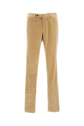 PT01 Beige Slim Fit Corduroy Trousers With Front Zip Closure