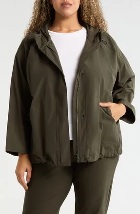 Eileen Fisher Hooded Organic Cotton & Recycled Nylon Jacket in Woodland at Nordstrom, Size 1X
