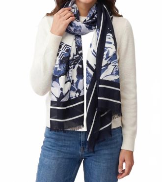 Joseph Ribkoff Floral Abstract Fringe Scarf In Blue/vanilla
