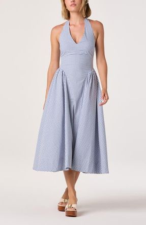 ASTR the Label Meana Gingham Halter Neck Drop Waist Midi Dress in Blue Gingham at Nordstrom, Size X-Small