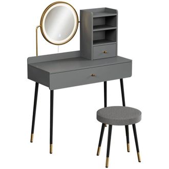 Vicco Tavolo da toeletta Mirela, Grigio, 90 cm con specchio LED e sgabello, Vicco