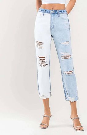 Flying Monkey Distressed Colorblock Mom Jeans In Blue