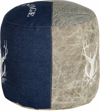 WOMO-DESIGN Asiento Redondo Ø35x43cm Lienzo/Jeans Taburete Jacksonville Nature/Azul Relleno de Algodón Puff Pouf Reposapíes Hecho a Mano Cojín Elegante Cubo