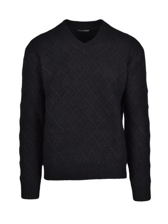 Daniele Alessandrini Textured Black V-Neck Sweater with Ribbed Accents