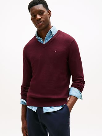 Tommy Hilfiger V-Ausschnitt-Pullover TOMMY HILFIGER PIMA ORG CTN CASHMERE V NECK, Herren, Gr. XXL, deep burgundy, Obermaterial: 92% Baumwolle, 8% Kaschmir, V-Ausschn