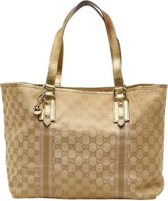 Gucci Brown Gold Canvas Leather Handbag Tote Bag (Pre-Owned)