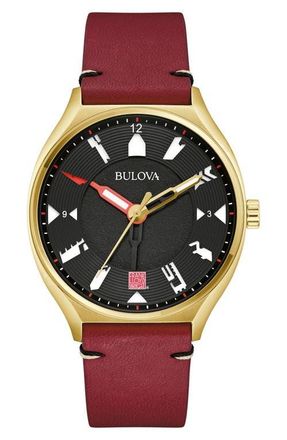 Bulova Frank Lloyd Wright Collection Leather Strap Watch, 40mm in Gold-Tone at Nordstrom